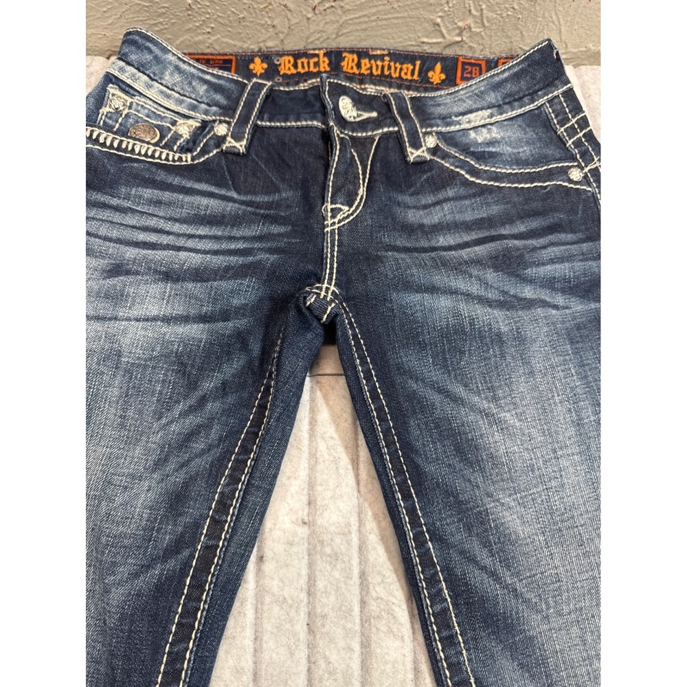 Rock Revival Jen Bootcut Jeans Dark Wash Thick Stitch Distressed Size 28